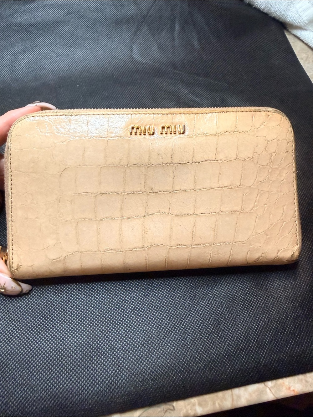 Miu Miu Cream Croc-Embossed Leather Zip Wallet with Gold Logo